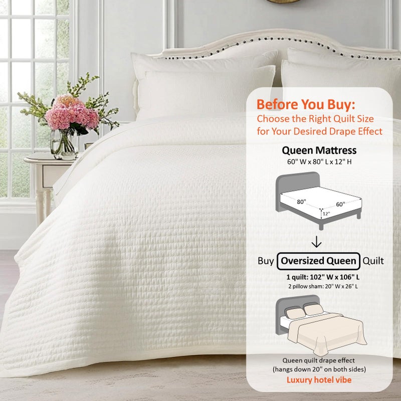 KASENTEX Oversized Queen Quilt Set 102"x106" â€“ Soft Washed 3-Layer Lightweight Bedspread, Minimalist Nordic Design, All-Season Spring & Summer Quilt Set (1 Quilt + 2 Pillow Shams),Cream White - Image 3